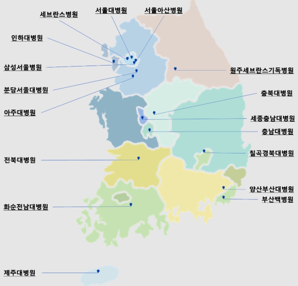 제1기(2024~2026) 권역별 희귀질환 전문기관(17개소) 제1기(2024~2026) 권역별 희귀질환 전문기관(17개소)